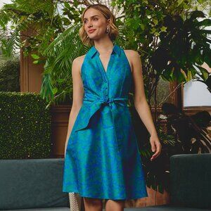 NWT Adrianna Papell Sleeveless Printed Tie Front Dress In Blue Green Size 14